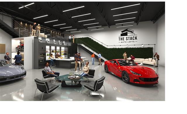The Stack clubhouse lounge with bar and gathering space