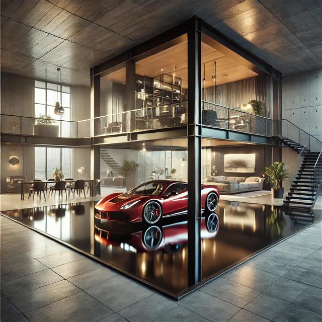 Luxury loft interior with sports car