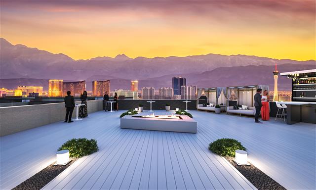Rooftop deck overlooking the Las Vegas skyline at sunset