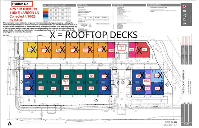Site plan showing units with rooftop decks marked with X